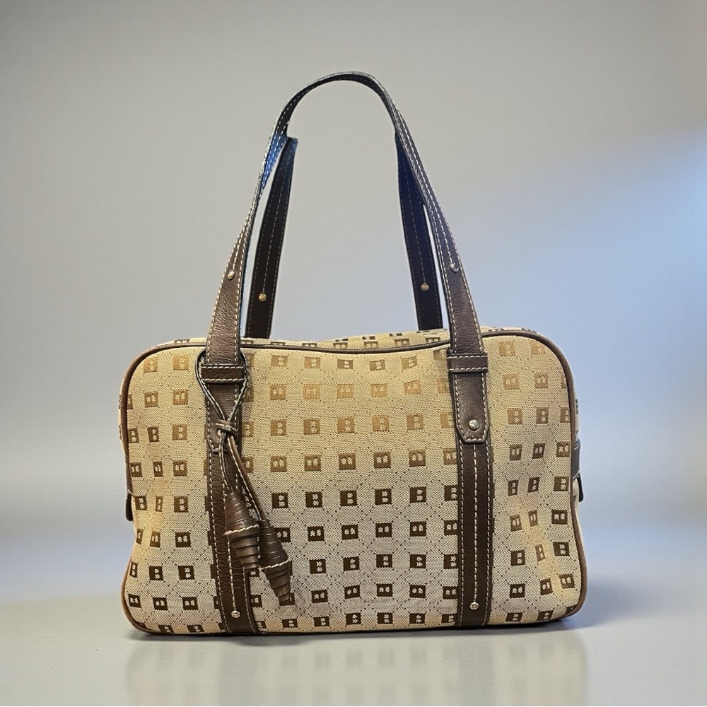 Bally Logo Jacquard Canvas & Leather Handbag Brown